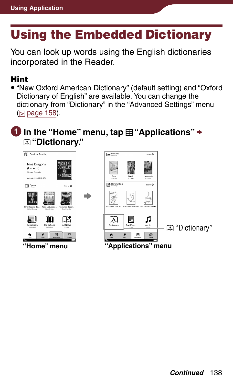 Using the embedded dictionary | Sony Reader Daily Edition 4-174-983-12(1) User Manual | Page 138 / 202