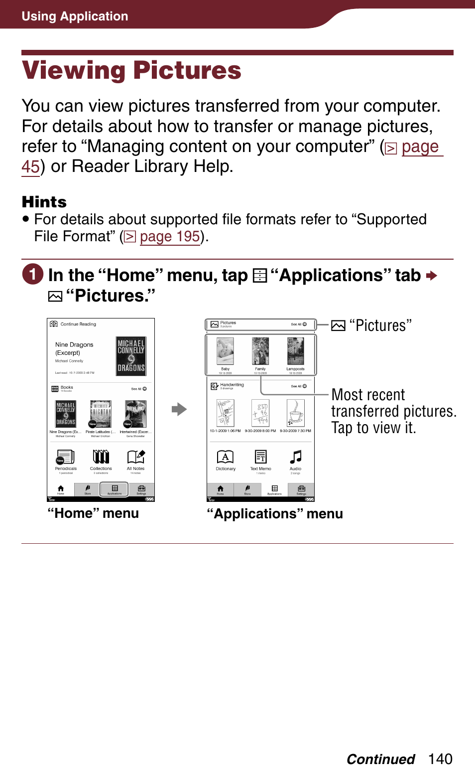 Viewing pictures | Sony Reader Daily Edition 4-174-983-12(1) User Manual | Page 140 / 202