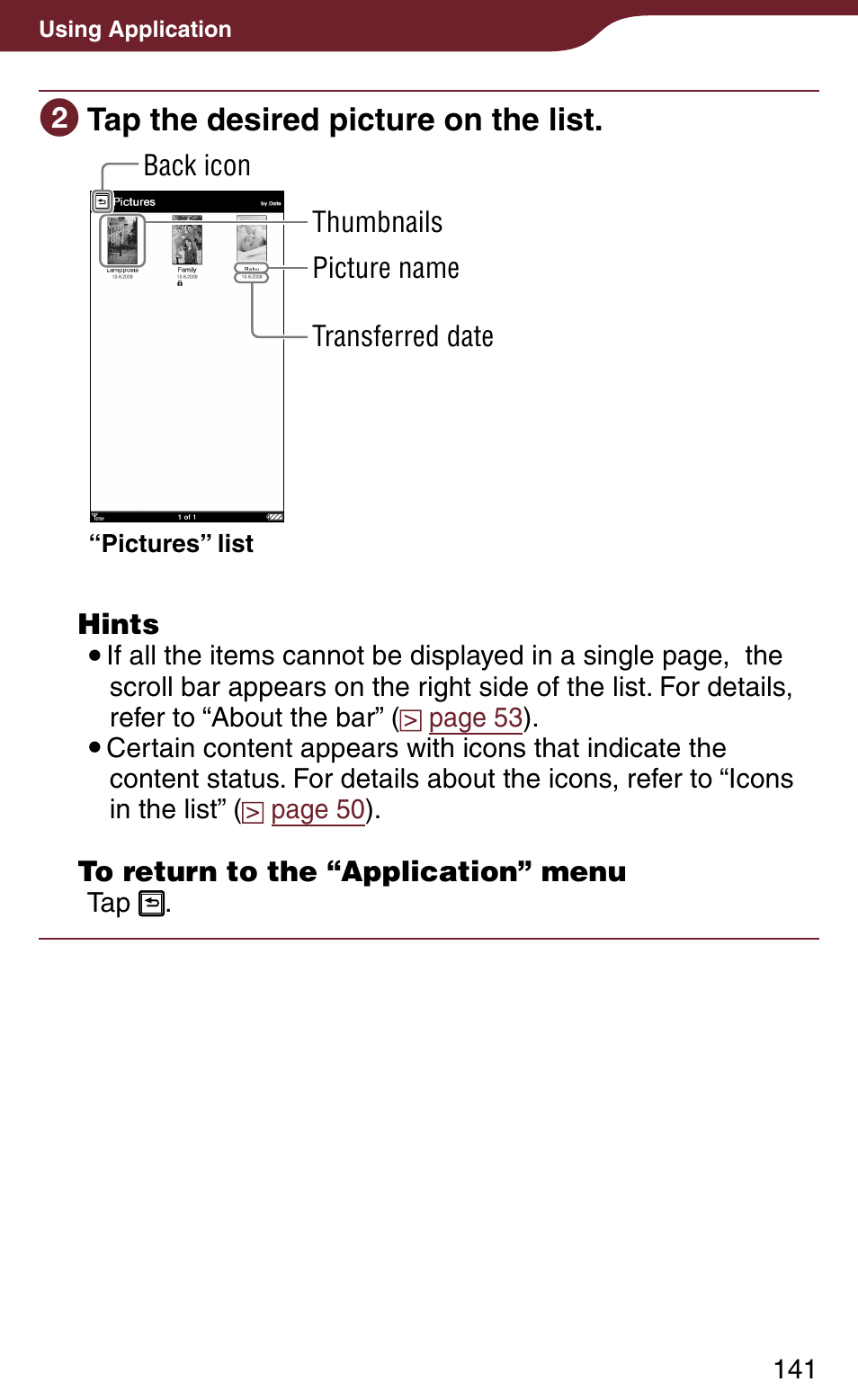 Tap the desired picture on the list | Sony Reader Daily Edition 4-174-983-12(1) User Manual | Page 141 / 202