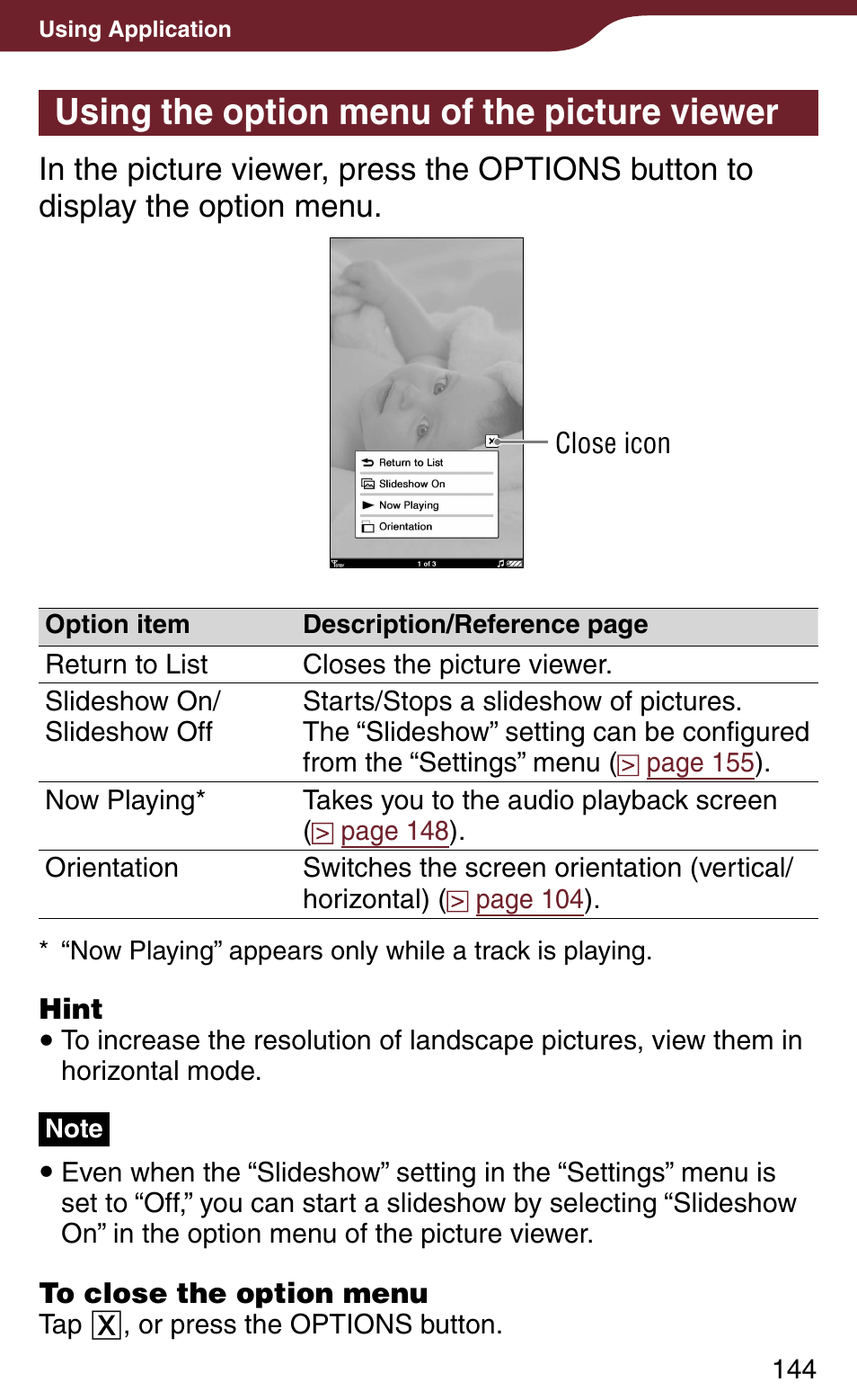 Using the option menu of the picture viewer | Sony Reader Daily Edition 4-174-983-12(1) User Manual | Page 144 / 202