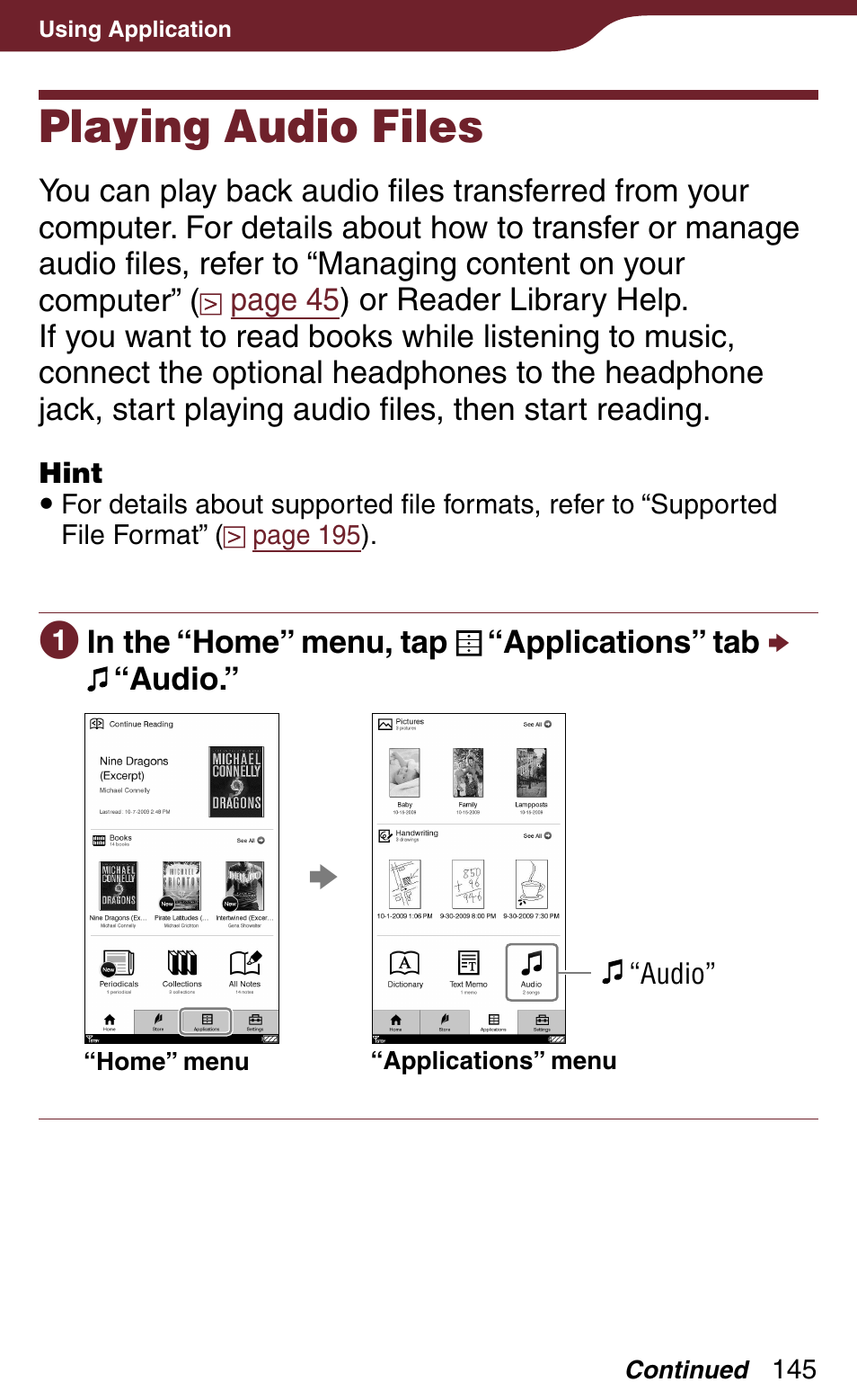 Playing audio files, Ying audio files, Used to connect headphones (optional) | Sony Reader Daily Edition 4-174-983-12(1) User Manual | Page 145 / 202