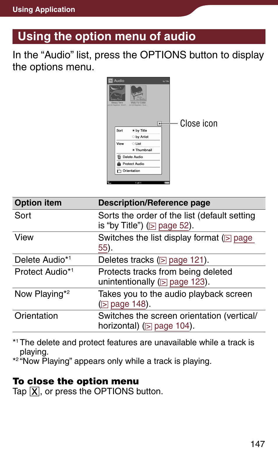 Using the option menu of audio | Sony Reader Daily Edition 4-174-983-12(1) User Manual | Page 147 / 202