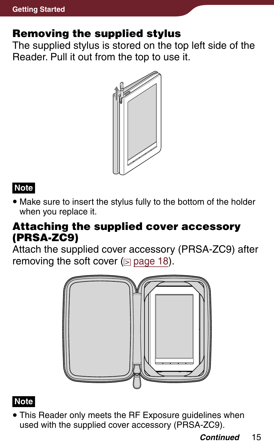 Removing the supplied stylus, Attaching the supplied cover accessory (prsa-zc9) | Sony Reader Daily Edition 4-174-983-12(1) User Manual | Page 15 / 202