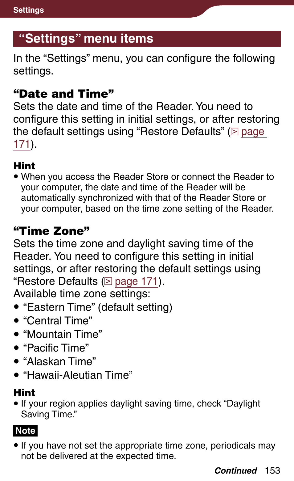 Settings” menu items | Sony Reader Daily Edition 4-174-983-12(1) User Manual | Page 153 / 202