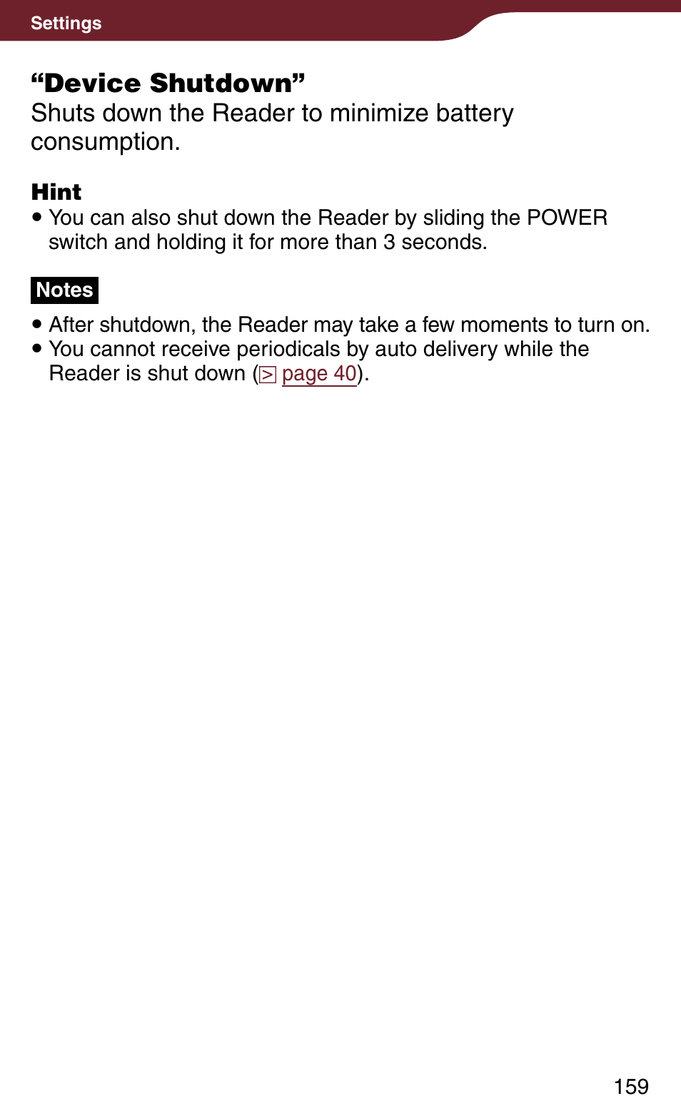 Device shutdown | Sony Reader Daily Edition 4-174-983-12(1) User Manual | Page 159 / 202