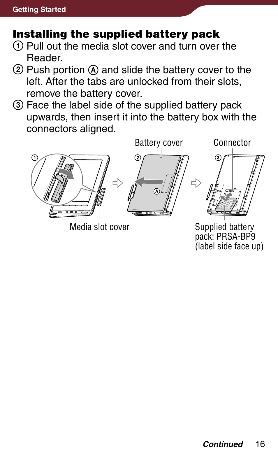 Installing the supplied battery pack | Sony Reader Daily Edition 4-174-983-12(1) User Manual | Page 16 / 202