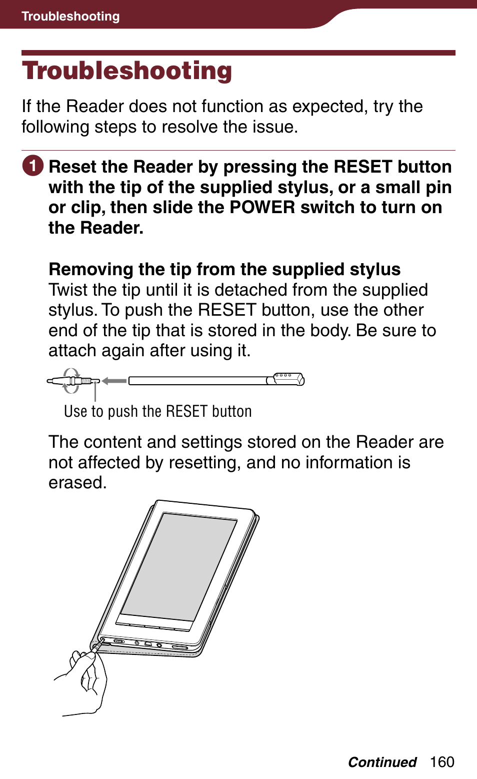 Troubleshooting, Appear after a reset | Sony Reader Daily Edition 4-174-983-12(1) User Manual | Page 160 / 202