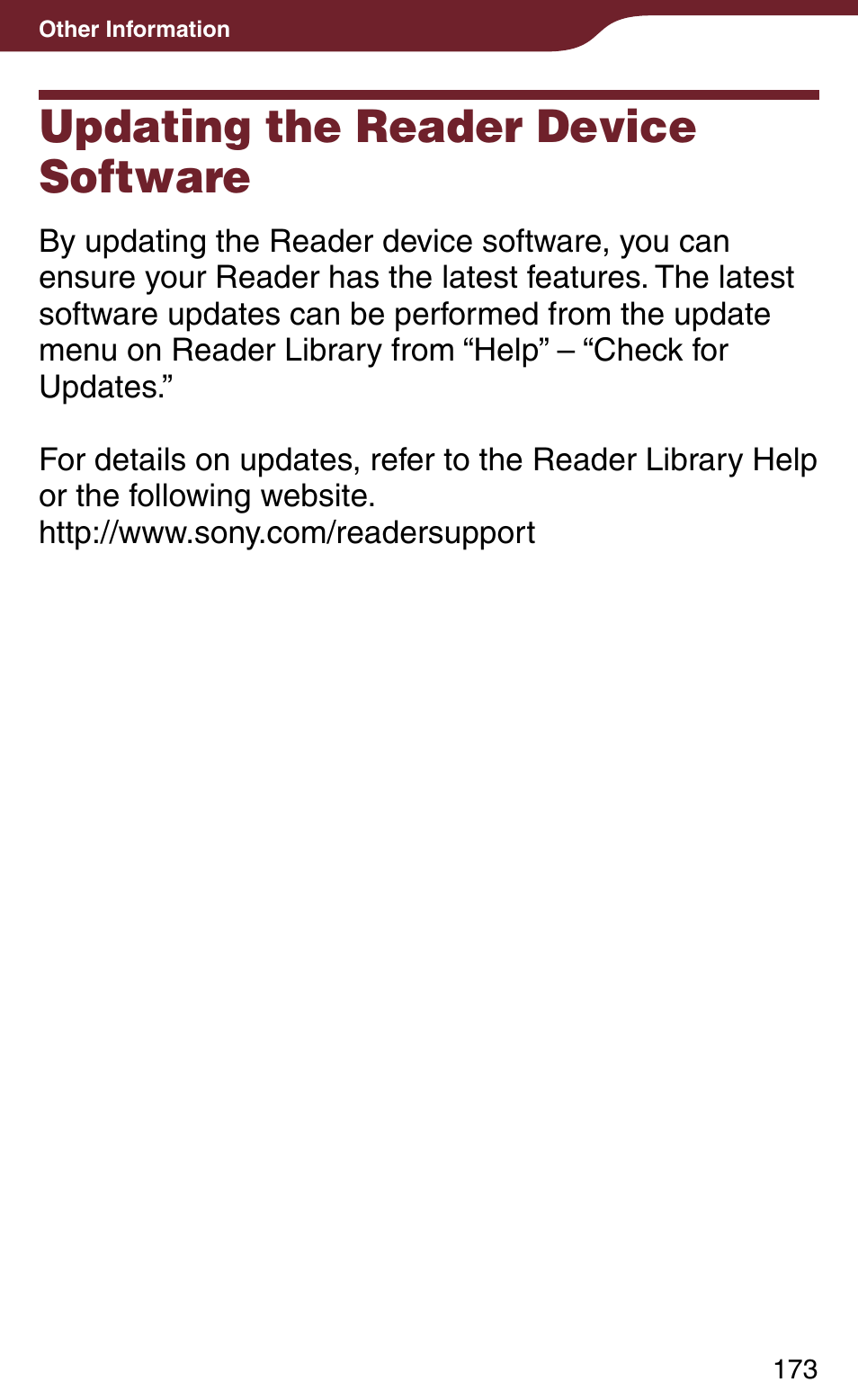 Other information, Updating the reader device software | Sony Reader Daily Edition 4-174-983-12(1) User Manual | Page 173 / 202