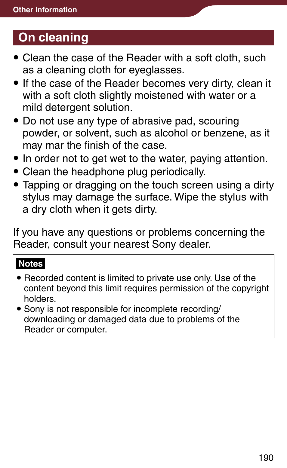 On cleaning | Sony Reader Daily Edition 4-174-983-12(1) User Manual | Page 190 / 202