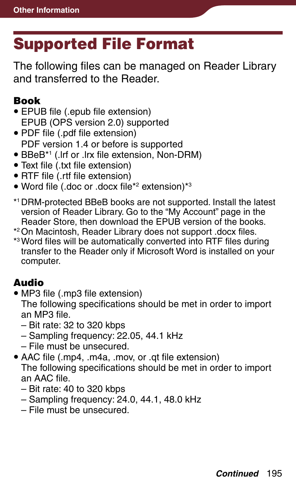 Supported file format | Sony Reader Daily Edition 4-174-983-12(1) User Manual | Page 195 / 202