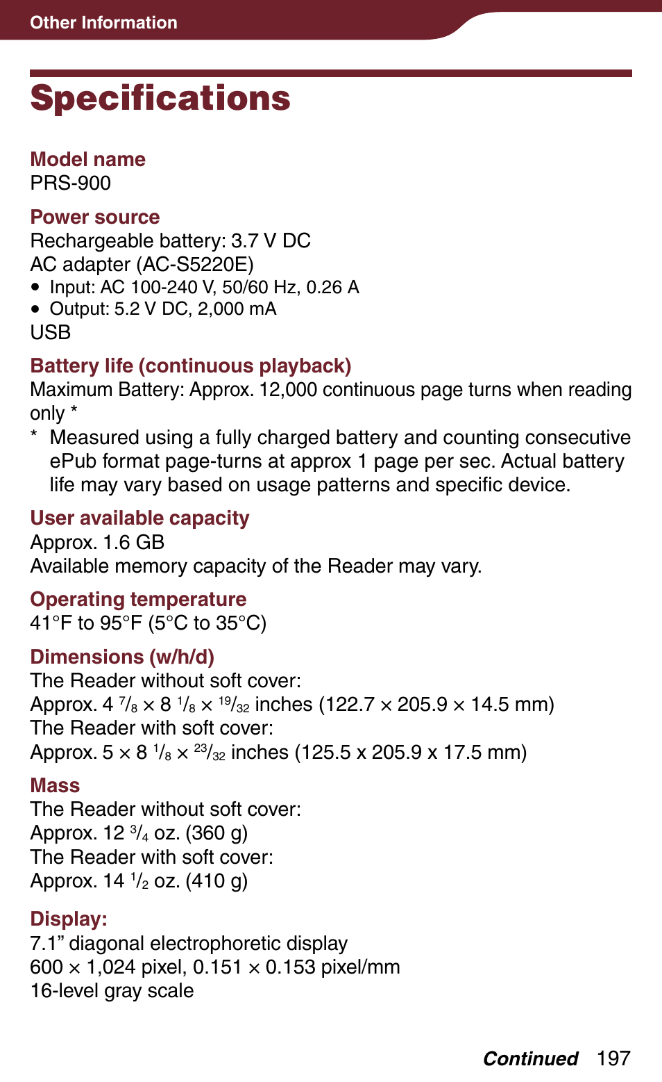 Specifications | Sony Reader Daily Edition 4-174-983-12(1) User Manual | Page 197 / 202