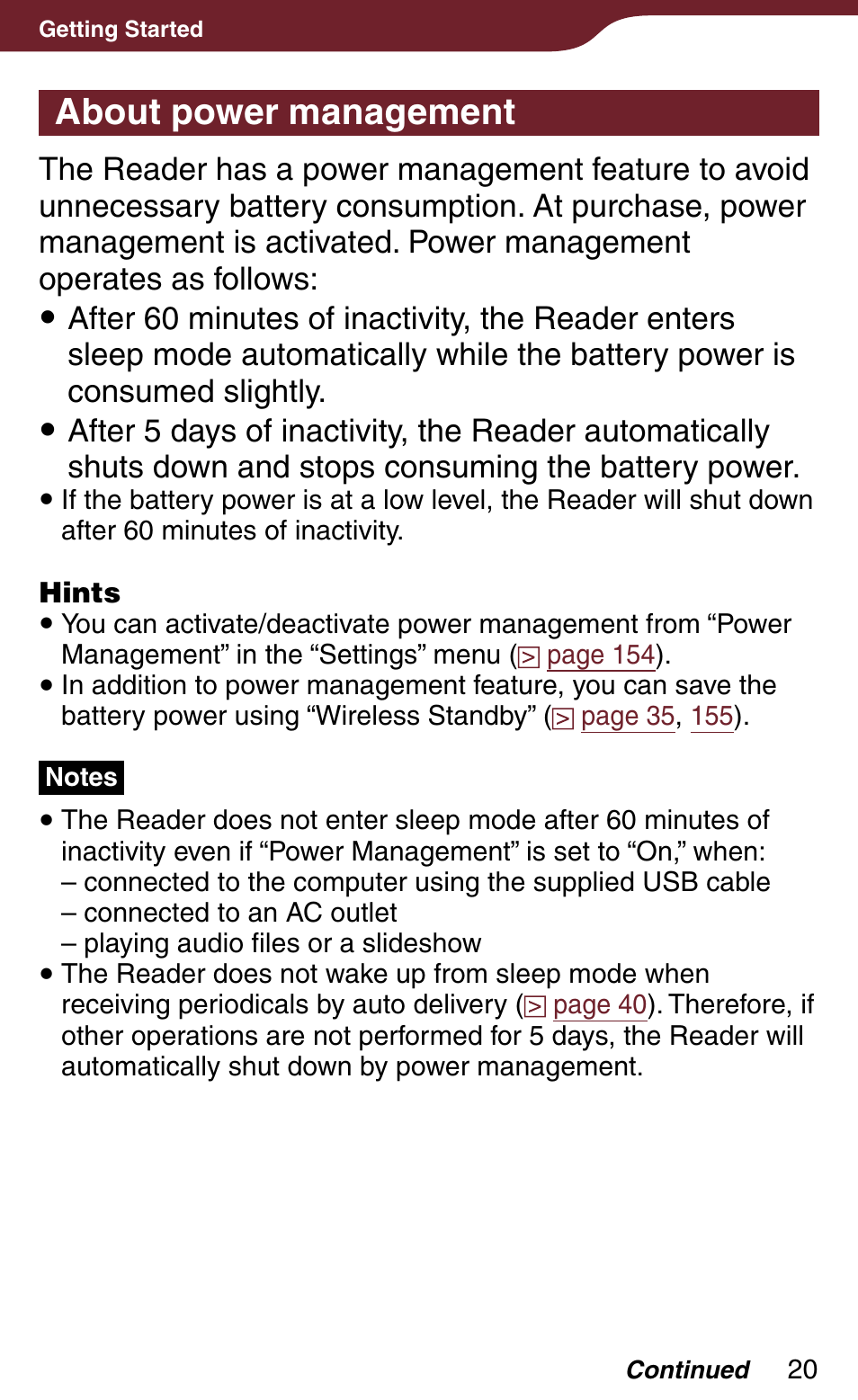 About power management | Sony Reader Daily Edition 4-174-983-12(1) User Manual | Page 20 / 202