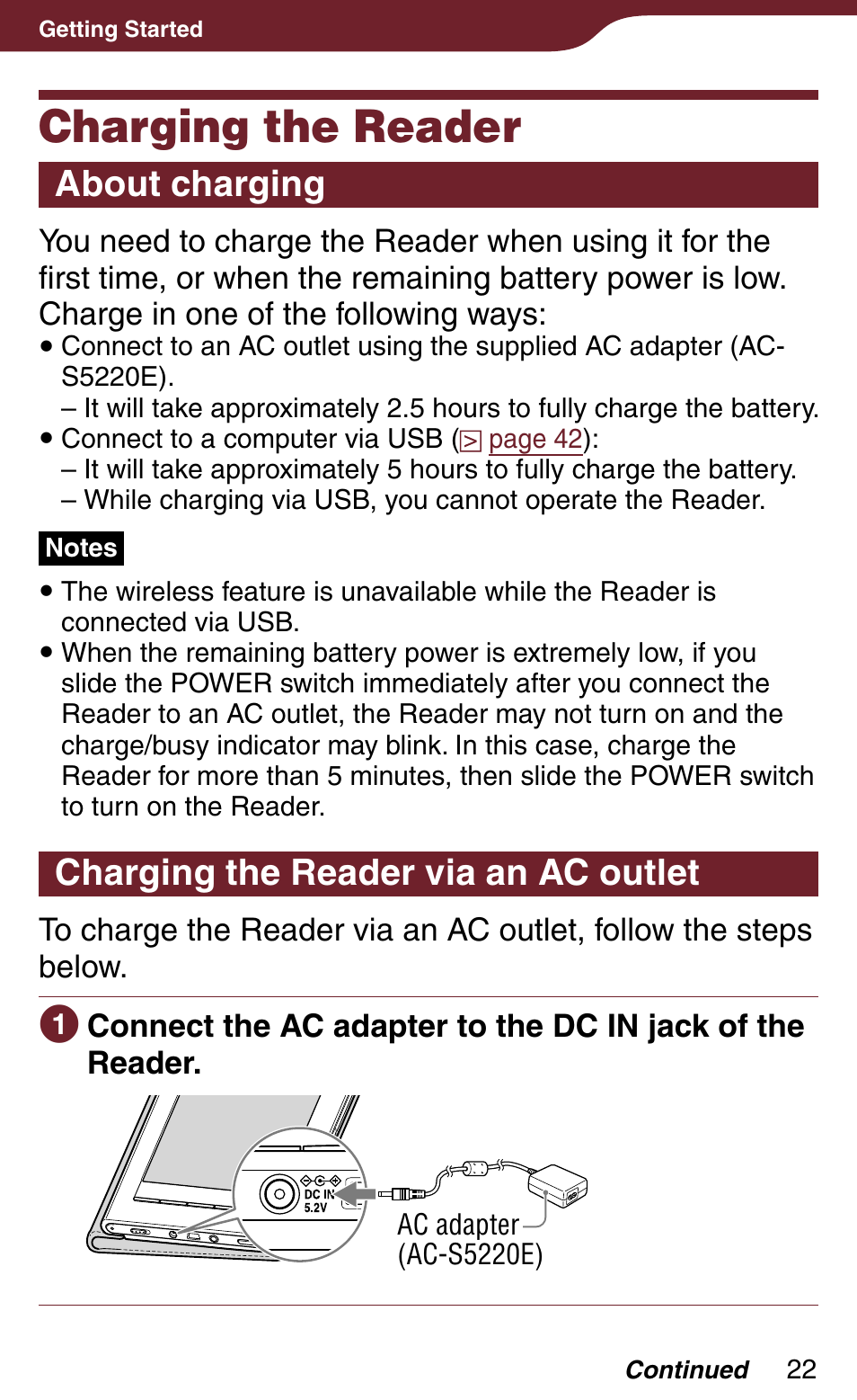 Charging the reader, About charging, Charging the reader via an ac outlet | Sony Reader Daily Edition 4-174-983-12(1) User Manual | Page 22 / 202