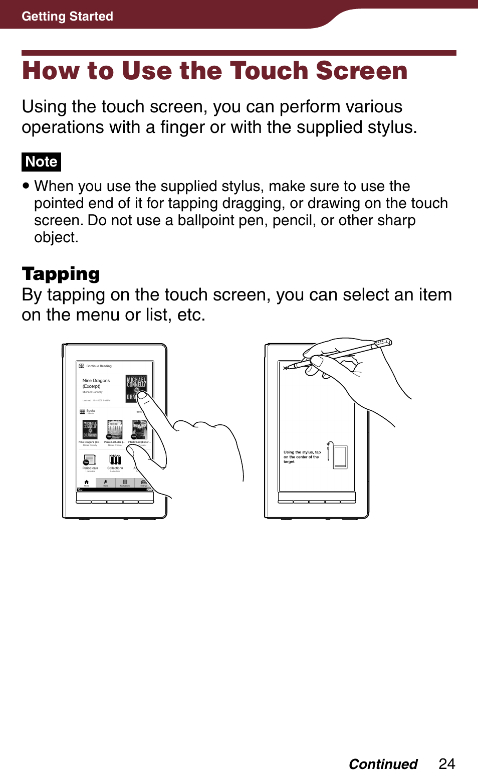 How to use the touch screen, Functions of the reader | Sony Reader Daily Edition 4-174-983-12(1) User Manual | Page 24 / 202