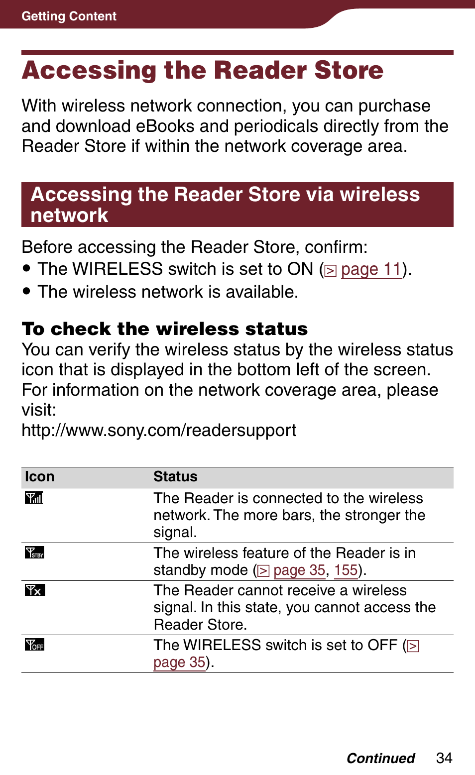 Getting content, Accessing the reader store, Accessing the reader store via wireless network | Ws the wireless status | Sony Reader Daily Edition 4-174-983-12(1) User Manual | Page 34 / 202