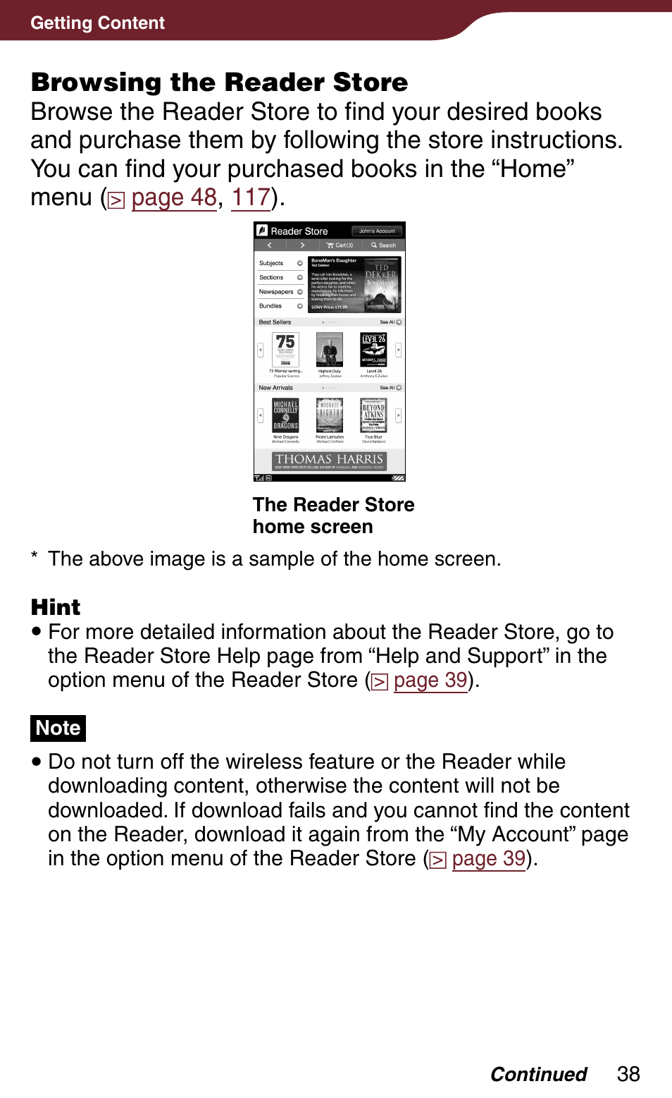 Browsing the reader store | Sony Reader Daily Edition 4-174-983-12(1) User Manual | Page 38 / 202