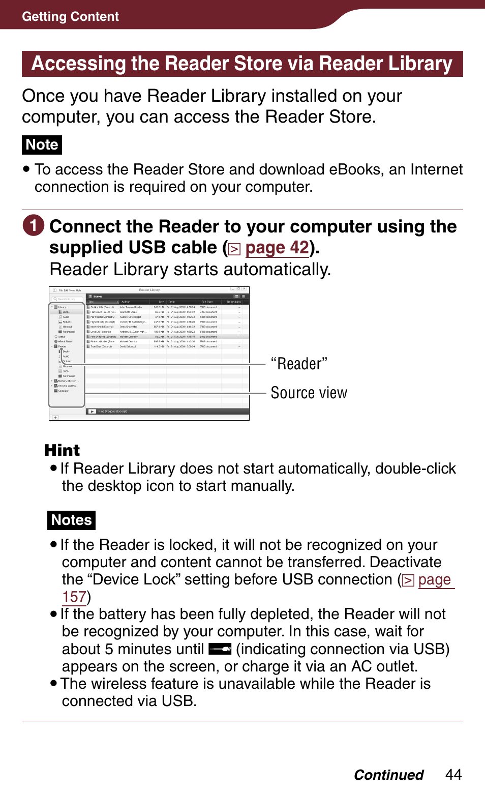 Accessing the reader store via reader library | Sony Reader Daily Edition 4-174-983-12(1) User Manual | Page 44 / 202