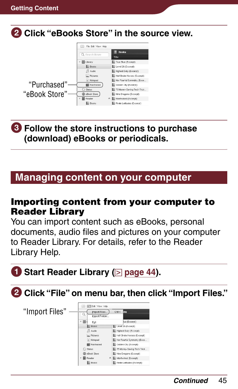 Managing content on your computer | Sony Reader Daily Edition 4-174-983-12(1) User Manual | Page 45 / 202