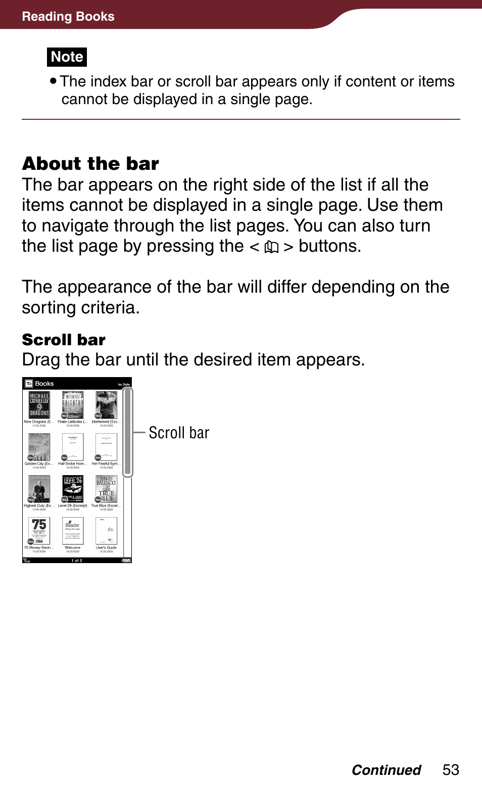 Scroll bar, About the bar | Sony Reader Daily Edition 4-174-983-12(1) User Manual | Page 53 / 202