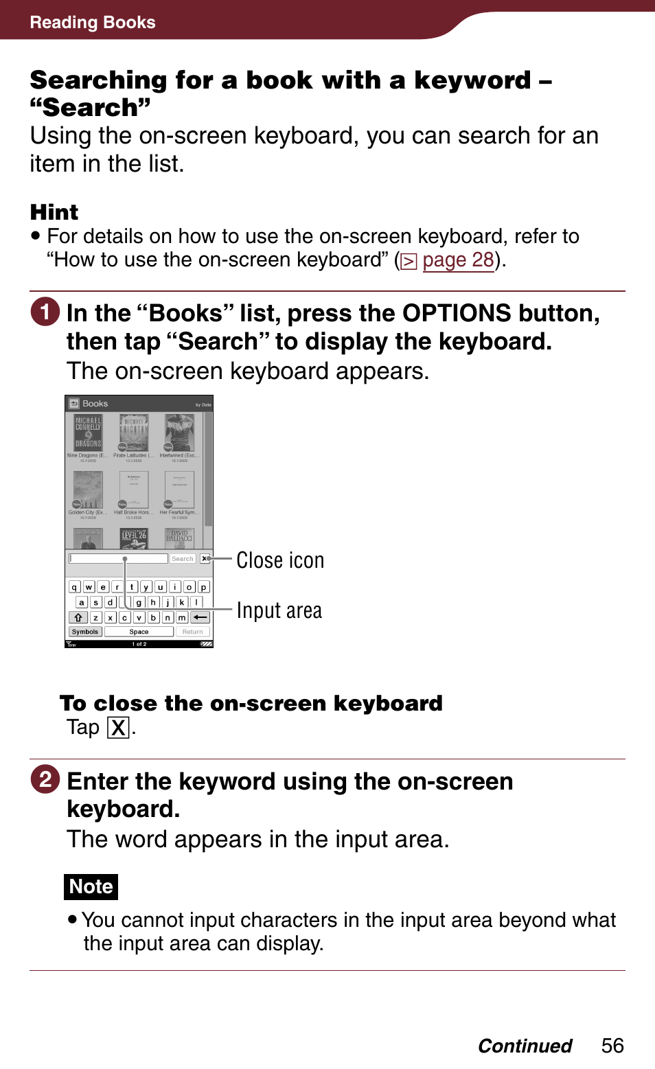 Searching for a book with a keyword – “search | Sony Reader Daily Edition 4-174-983-12(1) User Manual | Page 56 / 202