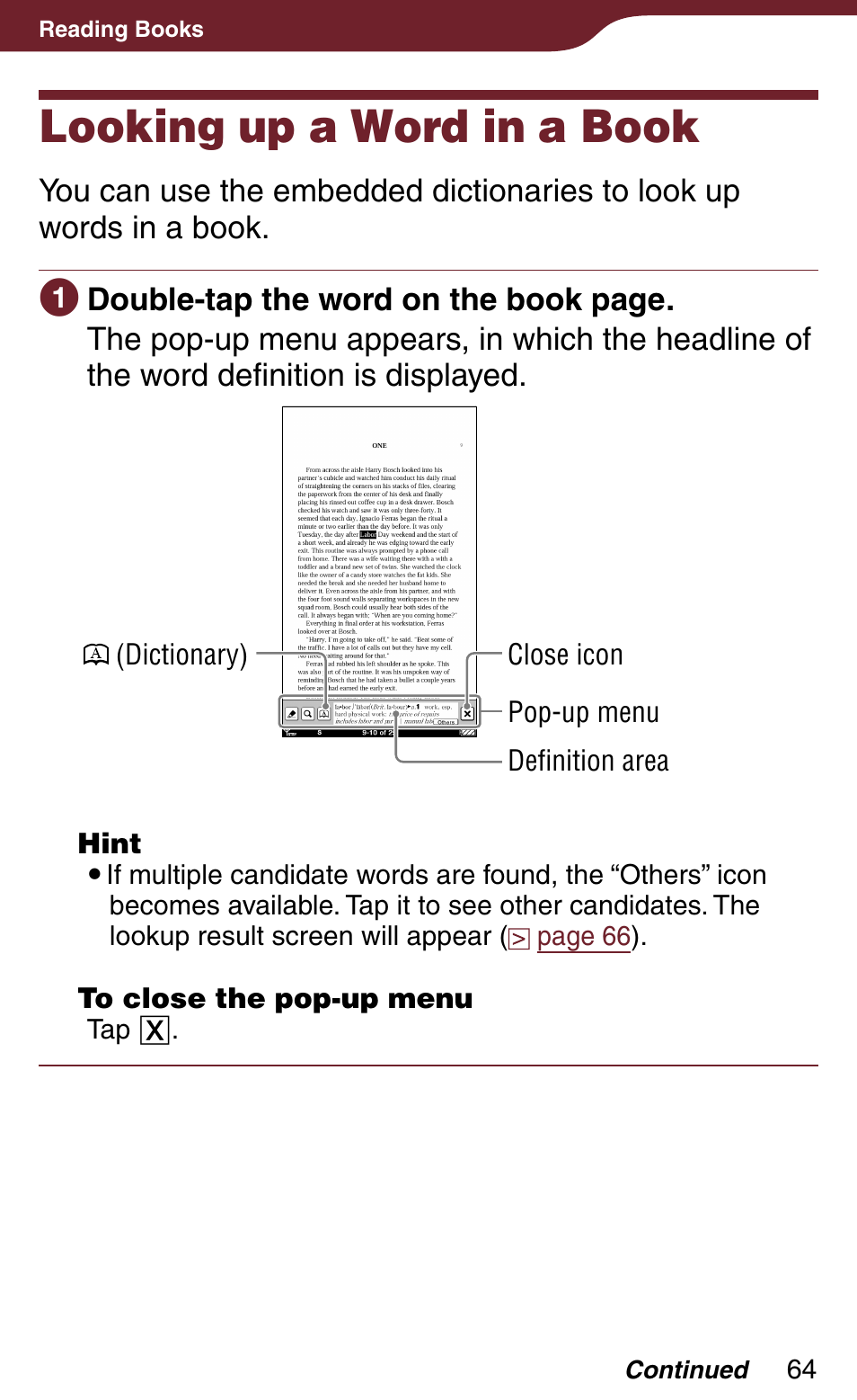 Looking up a word in a book, Ords, From the pop-up men | Sony Reader Daily Edition 4-174-983-12(1) User Manual | Page 64 / 202