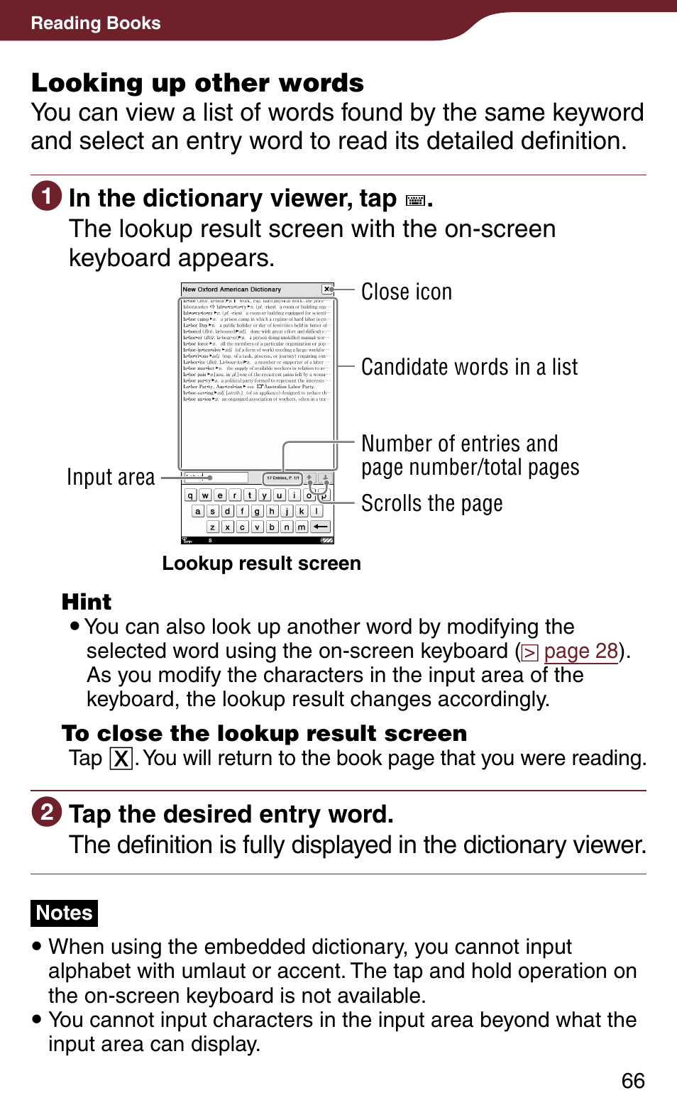 Keyboard), Looking up other words | Sony Reader Daily Edition 4-174-983-12(1) User Manual | Page 66 / 202