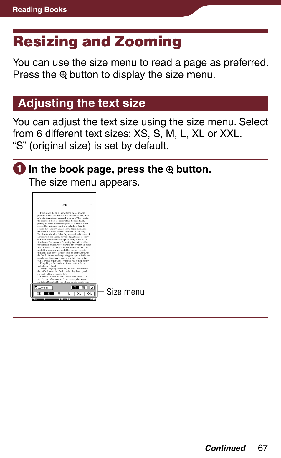 Resizing and zooming, Adjusting the text size, Which allo | Sony Reader Daily Edition 4-174-983-12(1) User Manual | Page 67 / 202