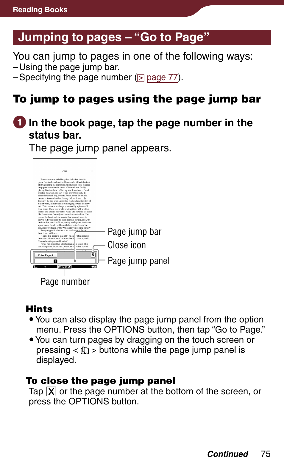 Panel, Jumping to pages – “go to page, You can jump to pages in one of the following ways | Sony Reader Daily Edition 4-174-983-12(1) User Manual | Page 75 / 202