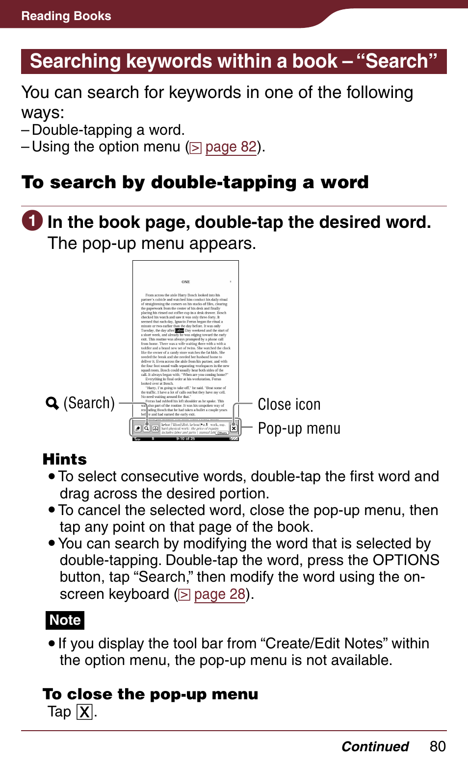 Searching keywords within a book – “search, Ords, Or look up w | Sony Reader Daily Edition 4-174-983-12(1) User Manual | Page 80 / 202