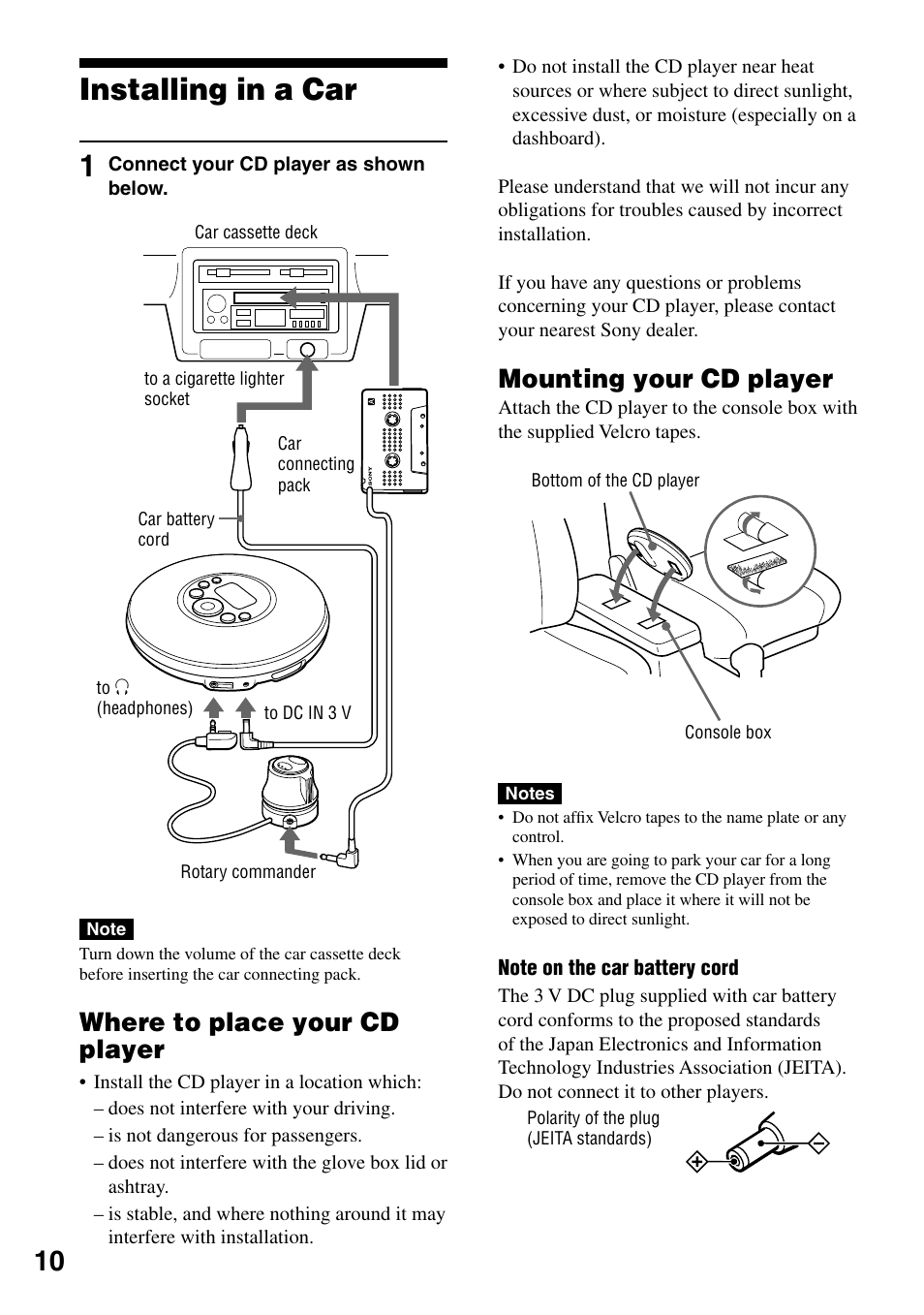 Installing in a car, Where to place your cd player, Mounting your cd player | Installing in a car 1 | Sony D-NE321CK User Manual | Page 10 / 35