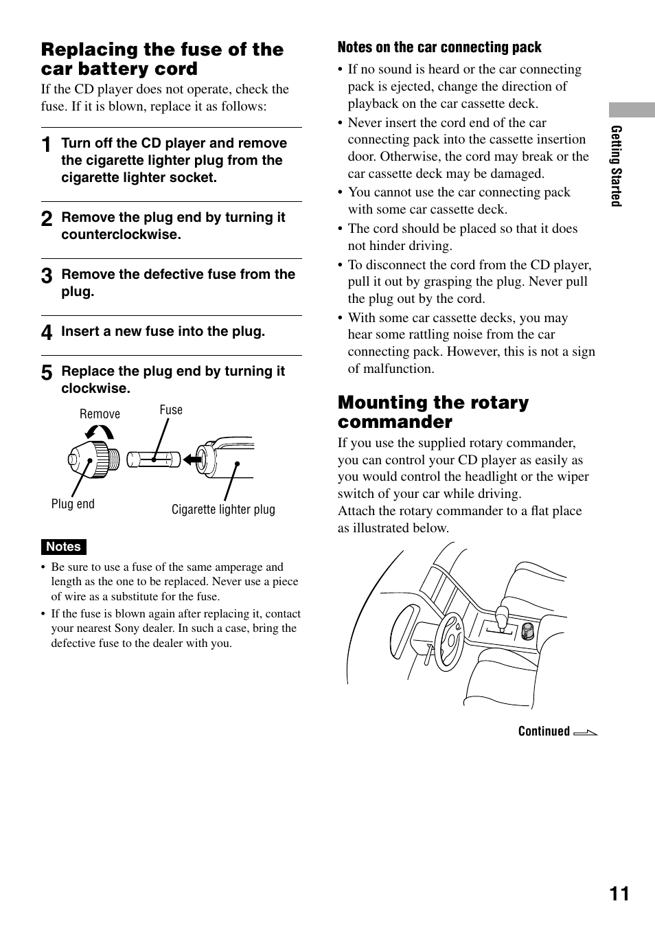 Replacing the fuse of the car battery cord, Mounting the rotary commander | Sony D-NE321CK User Manual | Page 11 / 35