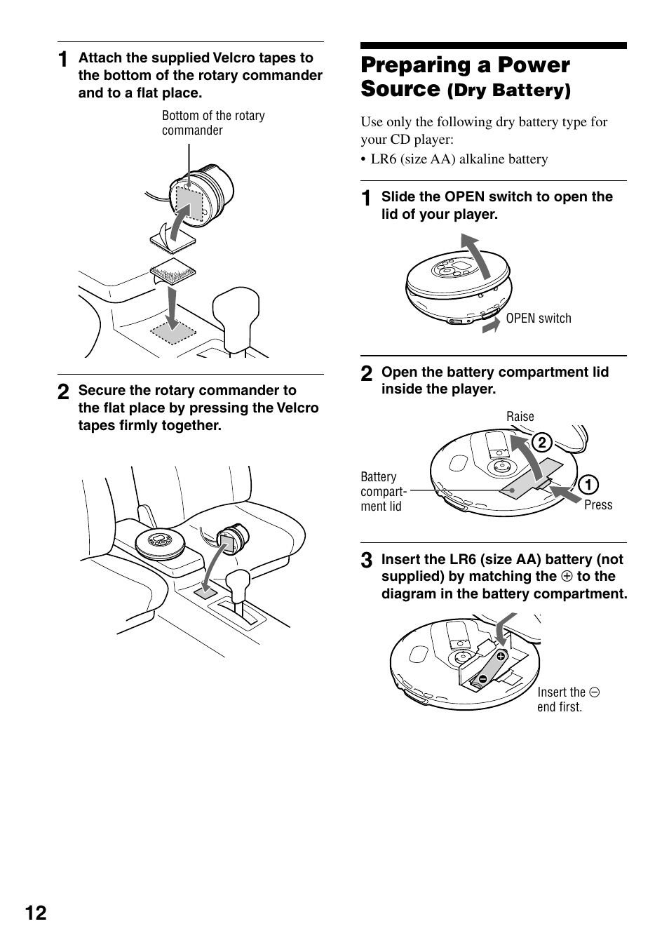 Preparing a power source (dry battery), Preparing a power source, Dry battery) | Sony D-NE321CK User Manual | Page 12 / 35