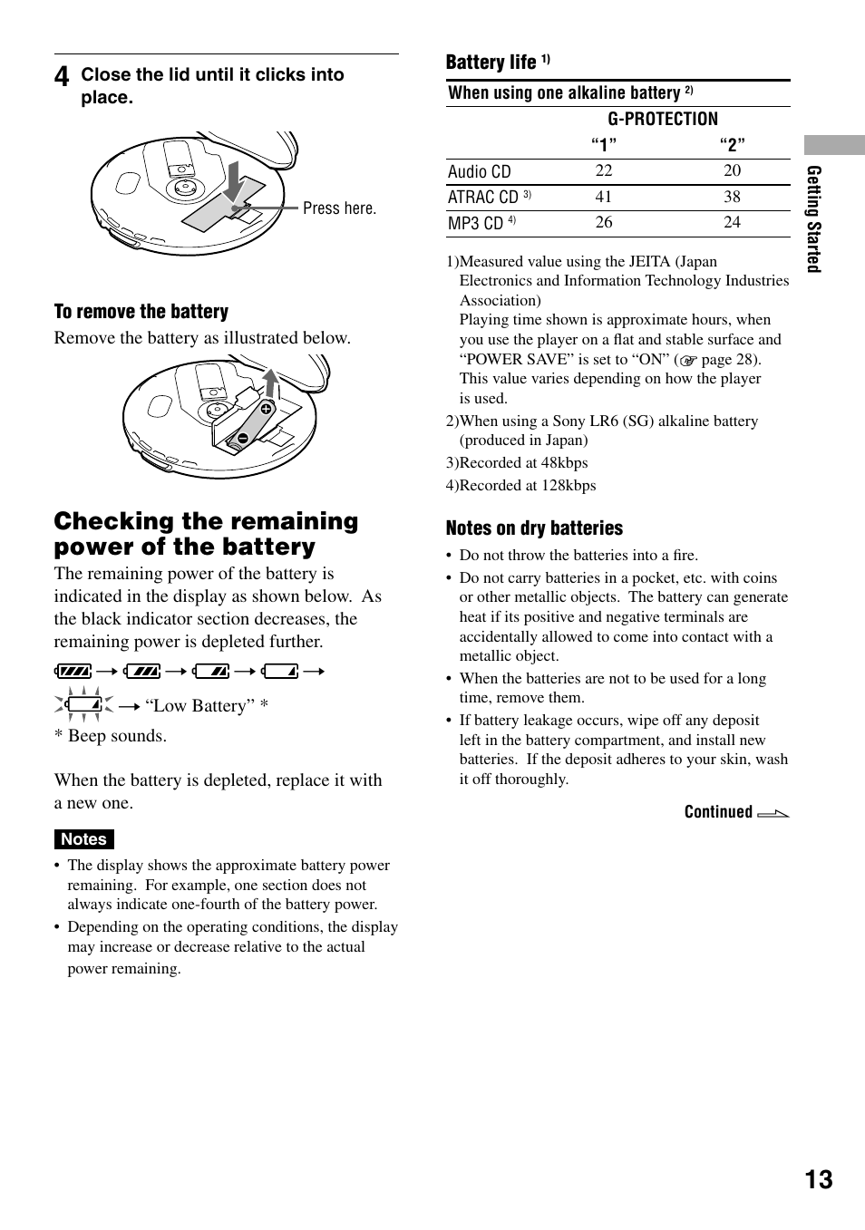 Checking the remaining power of the battery, Checking the remaining power of the, Battery | Sony D-NE321CK User Manual | Page 13 / 35