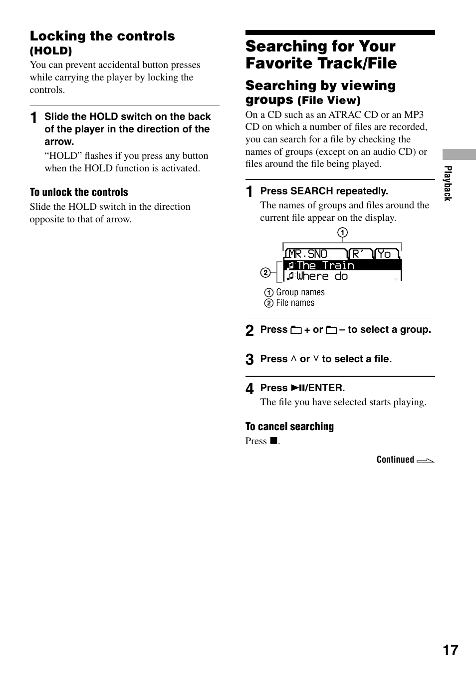Locking the controls (hold), Searching for your favorite track/file, Searching by viewing groups (file view) | Searching for your favorite track/file 17, Searching by viewing groups (file view) 17, Locking the controls, Searching by viewing groups | Sony D-NE321CK User Manual | Page 17 / 35