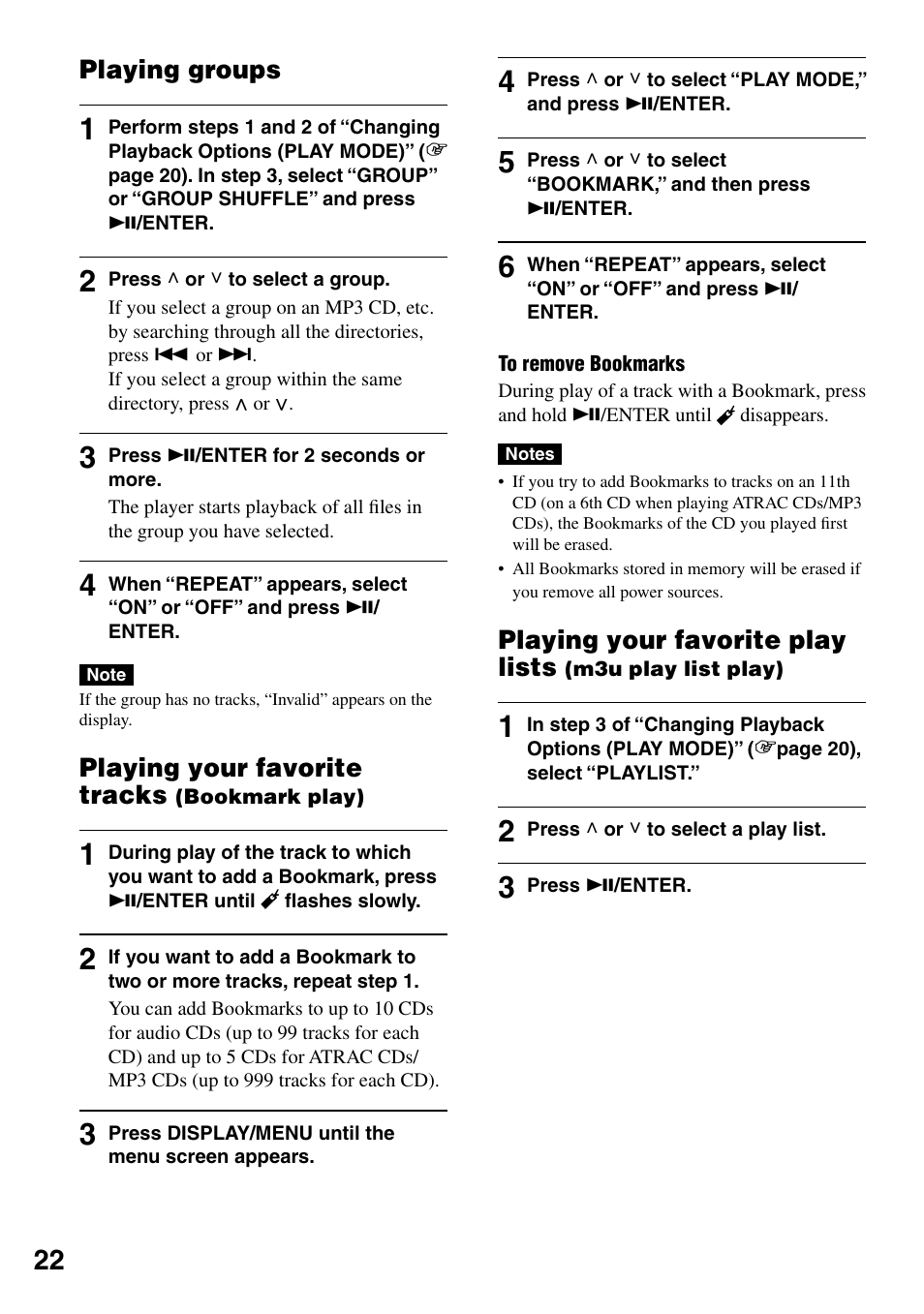 Playing groups, Playing your favorite tracks (bookmark play), Play) | Playing your favorite play lists (m3u play, List play), Playing your favorite play lists, Playing your favorite tracks | Sony D-NE321CK User Manual | Page 22 / 35