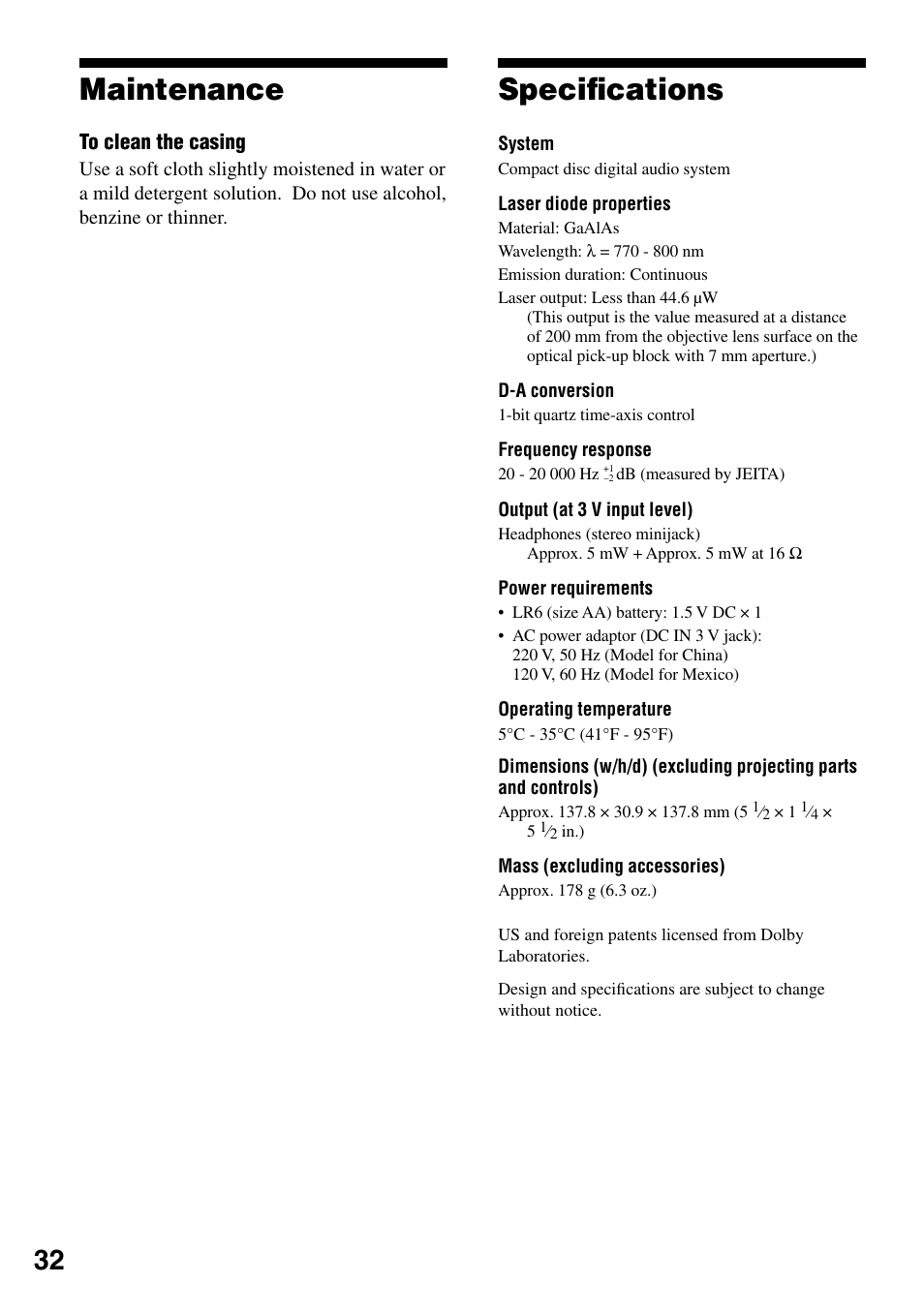 Maintenance, Specifications, Maintenance speciﬁcations | Speciﬁcations | Sony D-NE321CK User Manual | Page 32 / 35