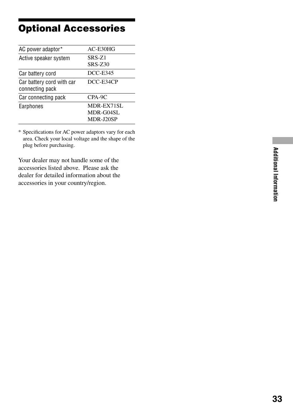 Optional accessories | Sony D-NE321CK User Manual | Page 33 / 35