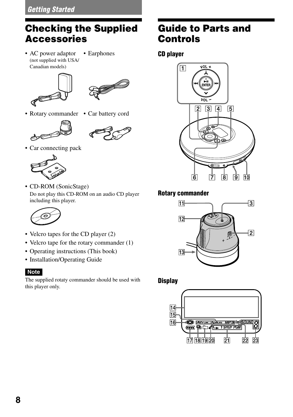 Getting started, Checking the supplied accessories, Guide to parts and controls | Sony D-NE321CK User Manual | Page 8 / 35