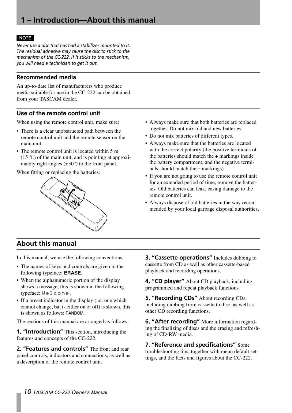 Recommended media use of the remote control unit, About this manual, 1 – introduction—about this manual | Sony CC-222 User Manual | Page 10 / 42