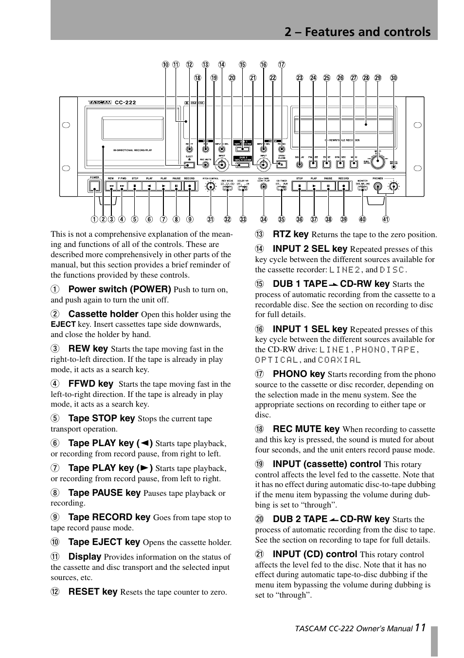 2 – features and controls, 2, “features and controls | Sony CC-222 User Manual | Page 11 / 42