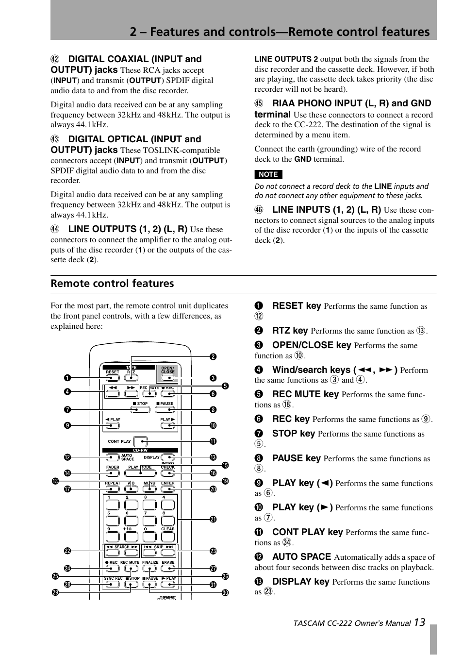 Remote control features, 2 – features and controls—remote control features | Sony CC-222 User Manual | Page 13 / 42