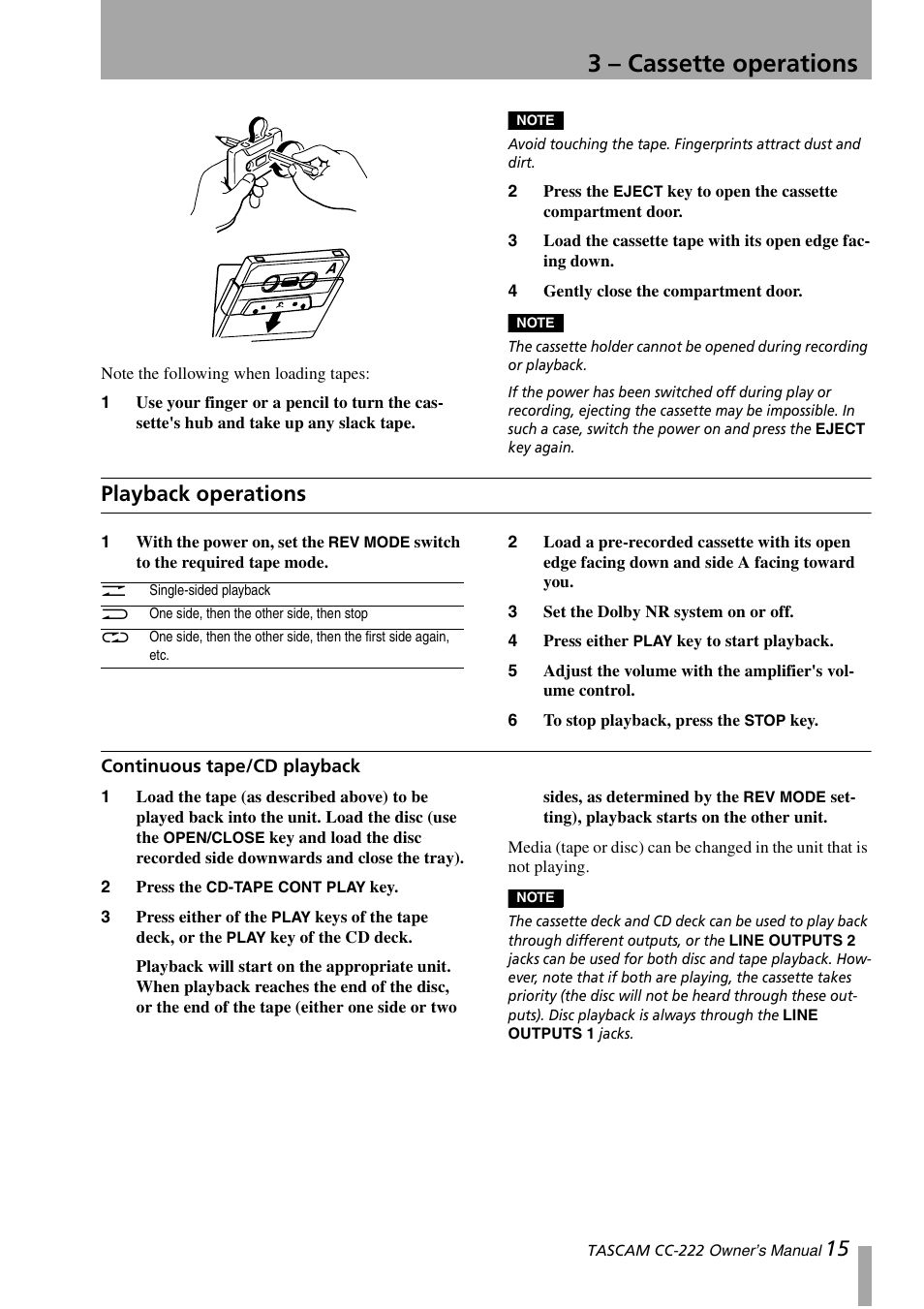 3 – cassette operations, Playback operations, Continuous tape/cd playback | 3, “cassette operations | Sony CC-222 User Manual | Page 15 / 42