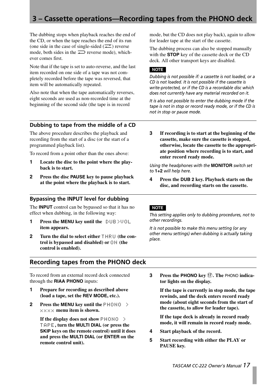 Recording tapes from the phono deck | Sony CC-222 User Manual | Page 17 / 42