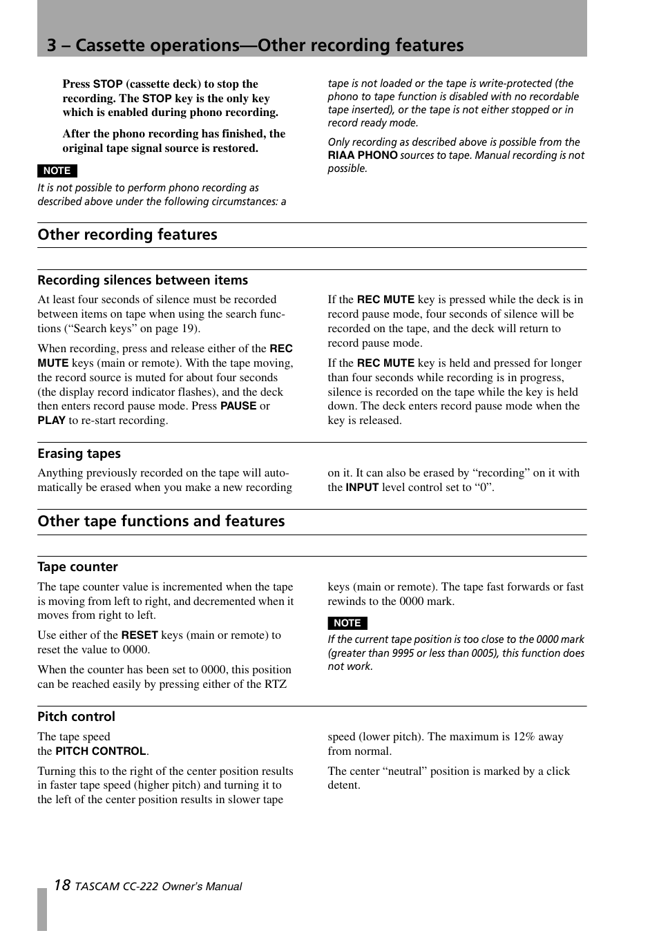 Other recording features, Recording silences between items erasing tapes, Other tape functions and features | Tape counter pitch control, 3 – cassette operations—other recording features | Sony CC-222 User Manual | Page 18 / 42