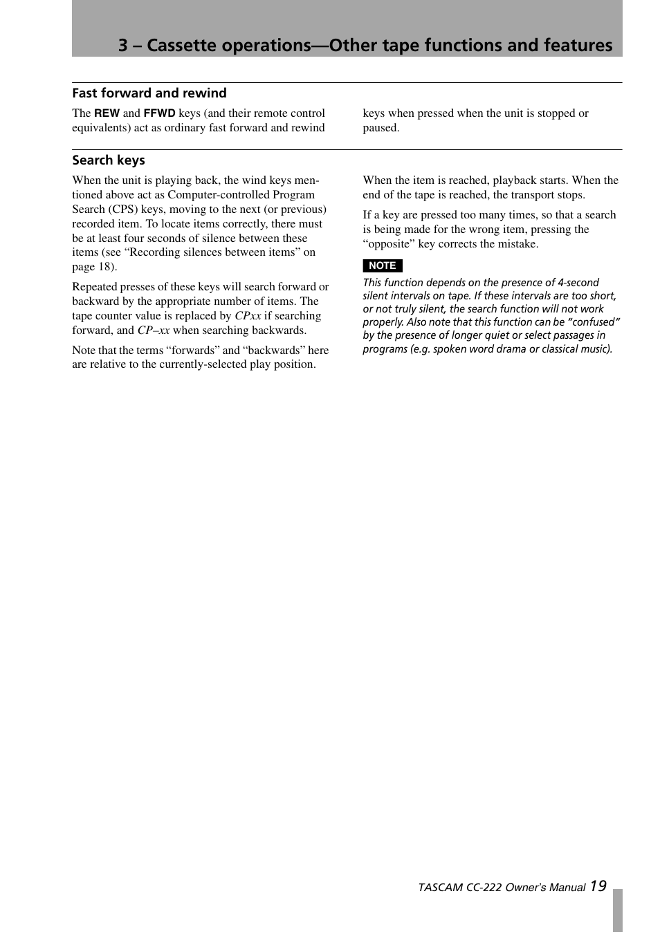Fast forward and rewind search keys | Sony CC-222 User Manual | Page 19 / 42