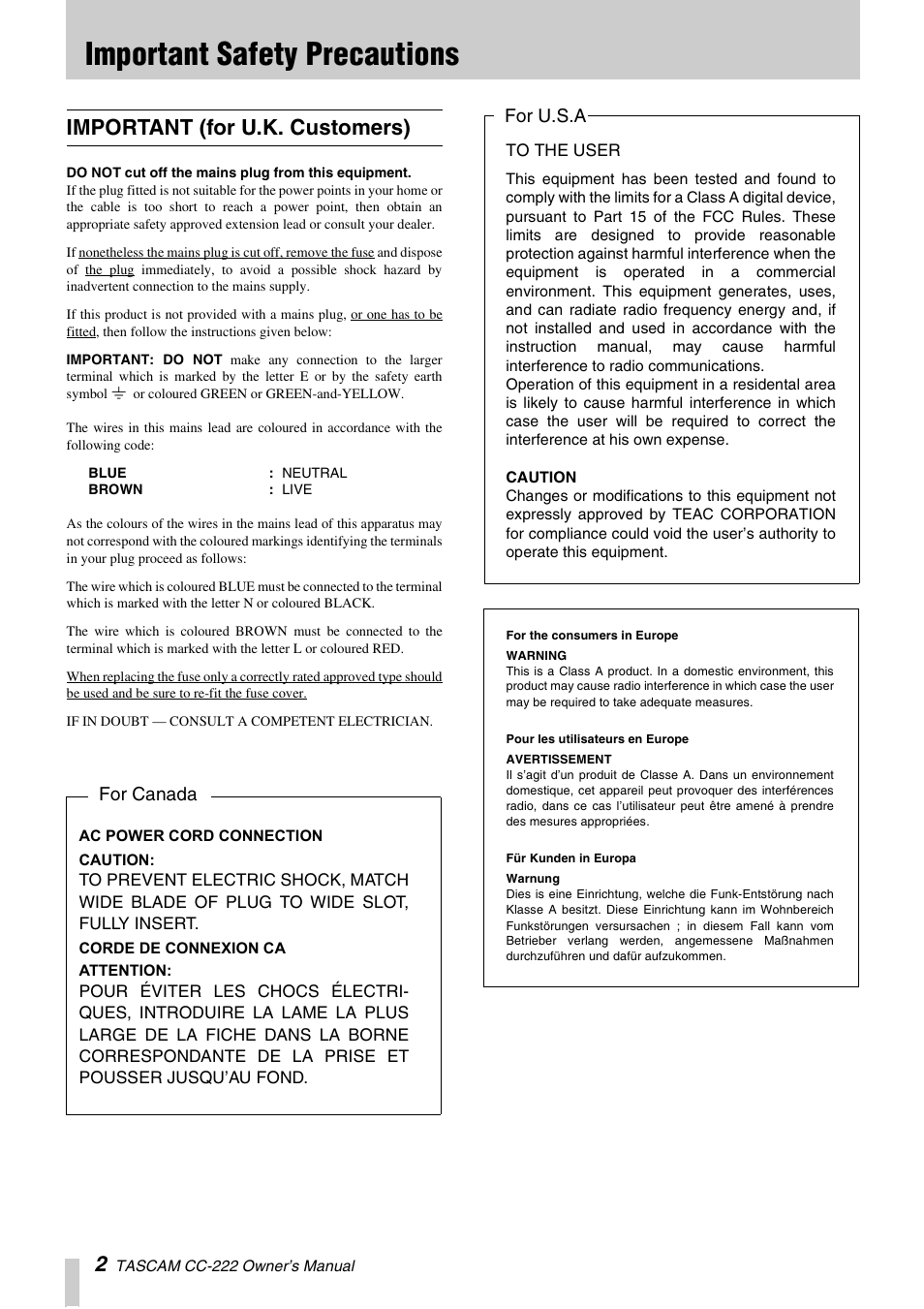 Important safety precautions, Important (for u.k. customers) | Sony CC-222 User Manual | Page 2 / 42