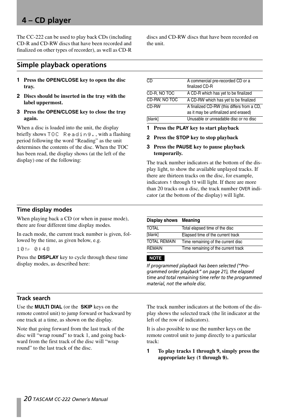 4 – cd player, Simple playback operations, Time display modes track search | 4, “cd player | Sony CC-222 User Manual | Page 20 / 42