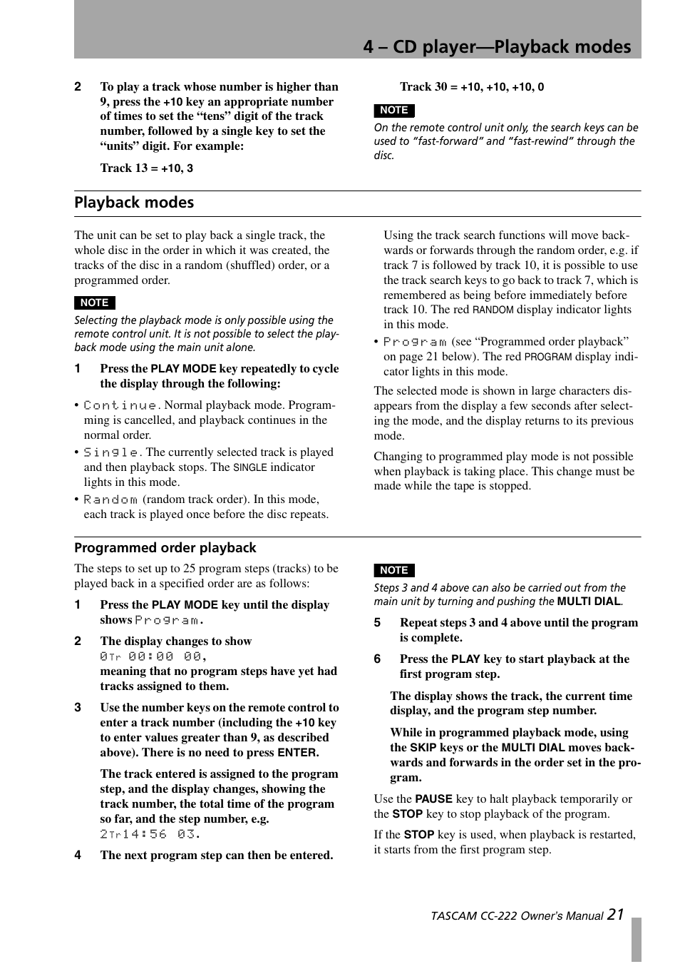 Playback modes, Programmed order playback, 4 – cd player—playback modes | Sony CC-222 User Manual | Page 21 / 42
