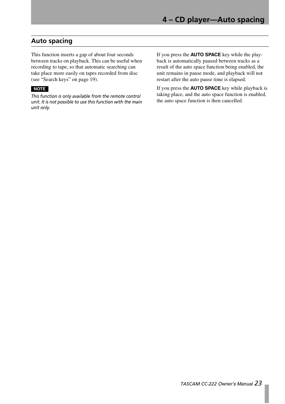 Auto spacing, 4 – cd player—auto spacing, 23 auto spacing | Sony CC-222 User Manual | Page 23 / 42