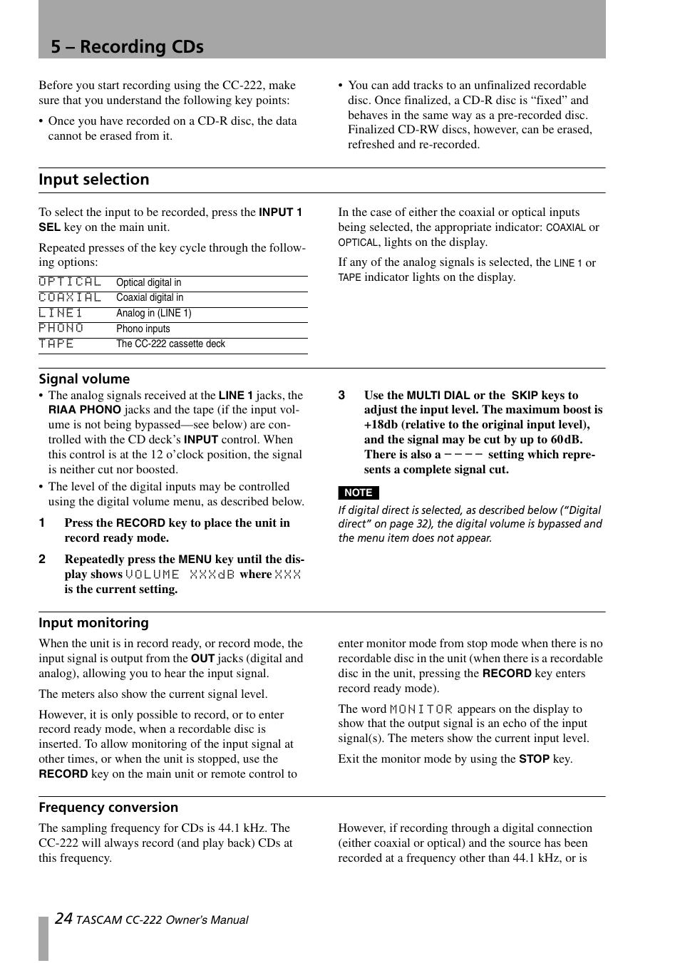 5 – recording cds, Input selection, 5, “recording cds | Sony CC-222 User Manual | Page 24 / 42